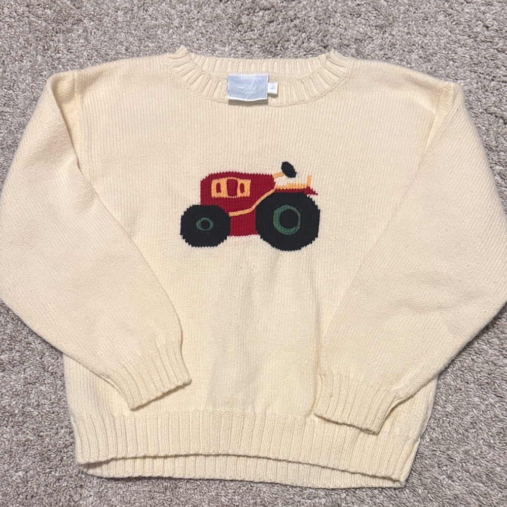 Little English Cream Sweater with Red Tractor Design. Size 6x.
